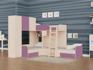 Трехместная двухъярусная кровать Трио 1 Дуб молочный/Фиолетовый