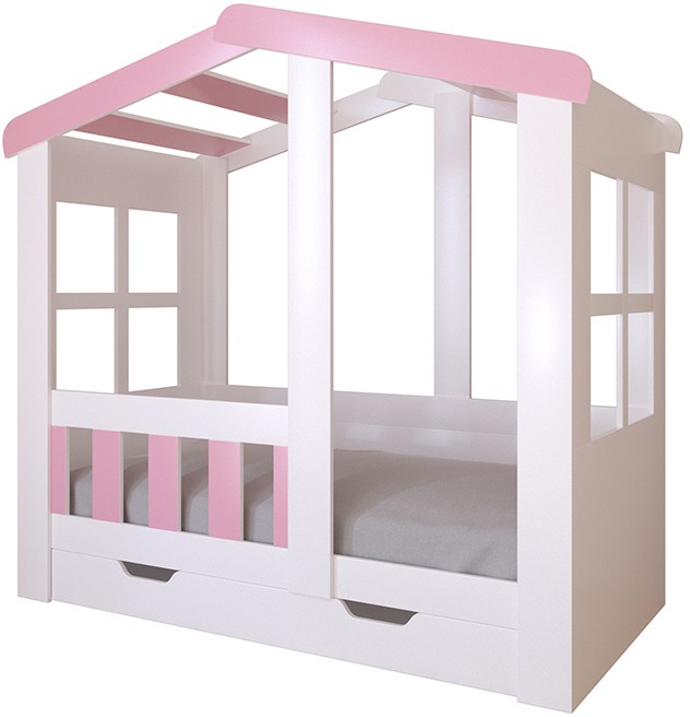 Детская кровать Астра домик с ящиком Белая/Розовый