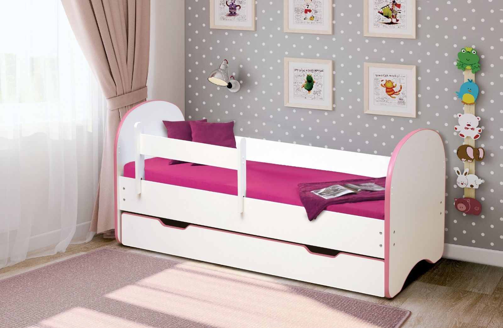 Детская кровать Радуга 140 белая/кант розовый