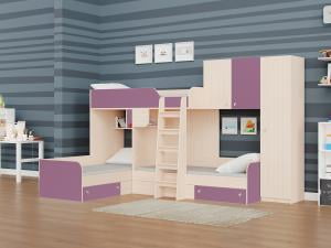 Трехместная двухъярусная кровать Трио 2 Дуб молочный/Фиолетовый