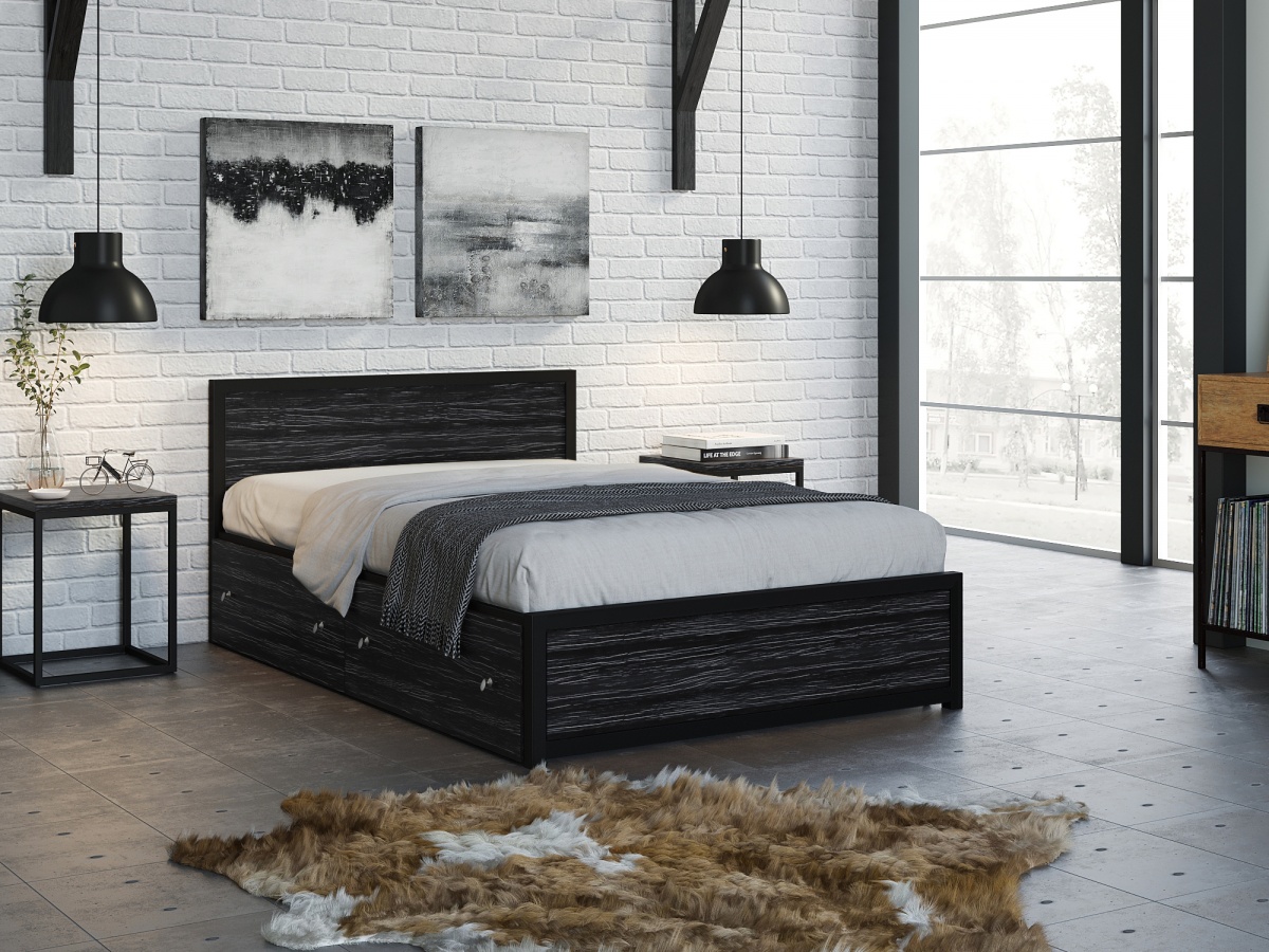 Кровать Титан Лофт 120 с ящиками черный/северное дерево темное