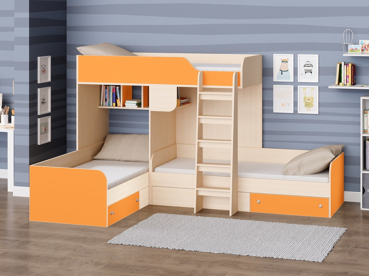 Трехместная двухъярусная кровать Трио Дуб молочный/Оранжевый