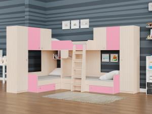 Трехместная двухъярусная кровать Трио 3 Дуб молочный/Розовый