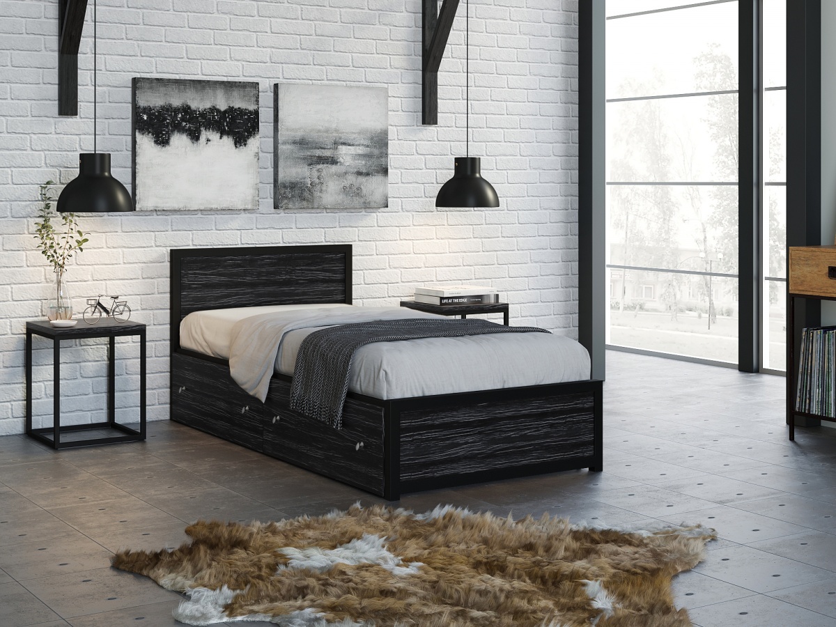 Кровать Титан Лофт 90 с ящиками черный/северное дерево темное