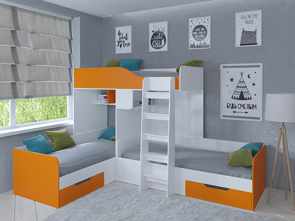 Трехместная двухъярусная кровать Трио Белый/Оранжевый