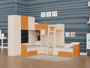 Трехместная двухъярусная кровать Трио 1 Дуб молочный/Оранжевый