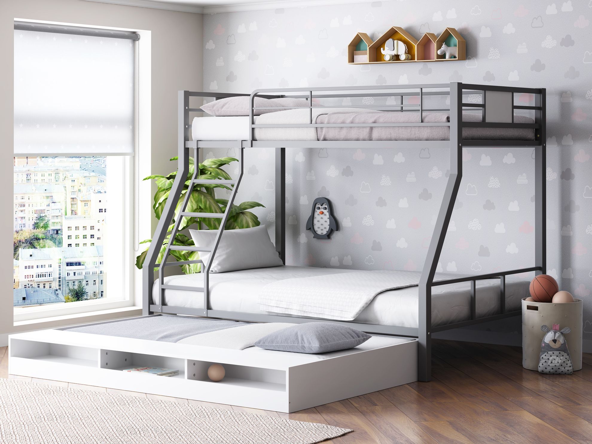Двухъярусная кровать Гранада-1КВ с выкатным спальным местом, Серый/Белый