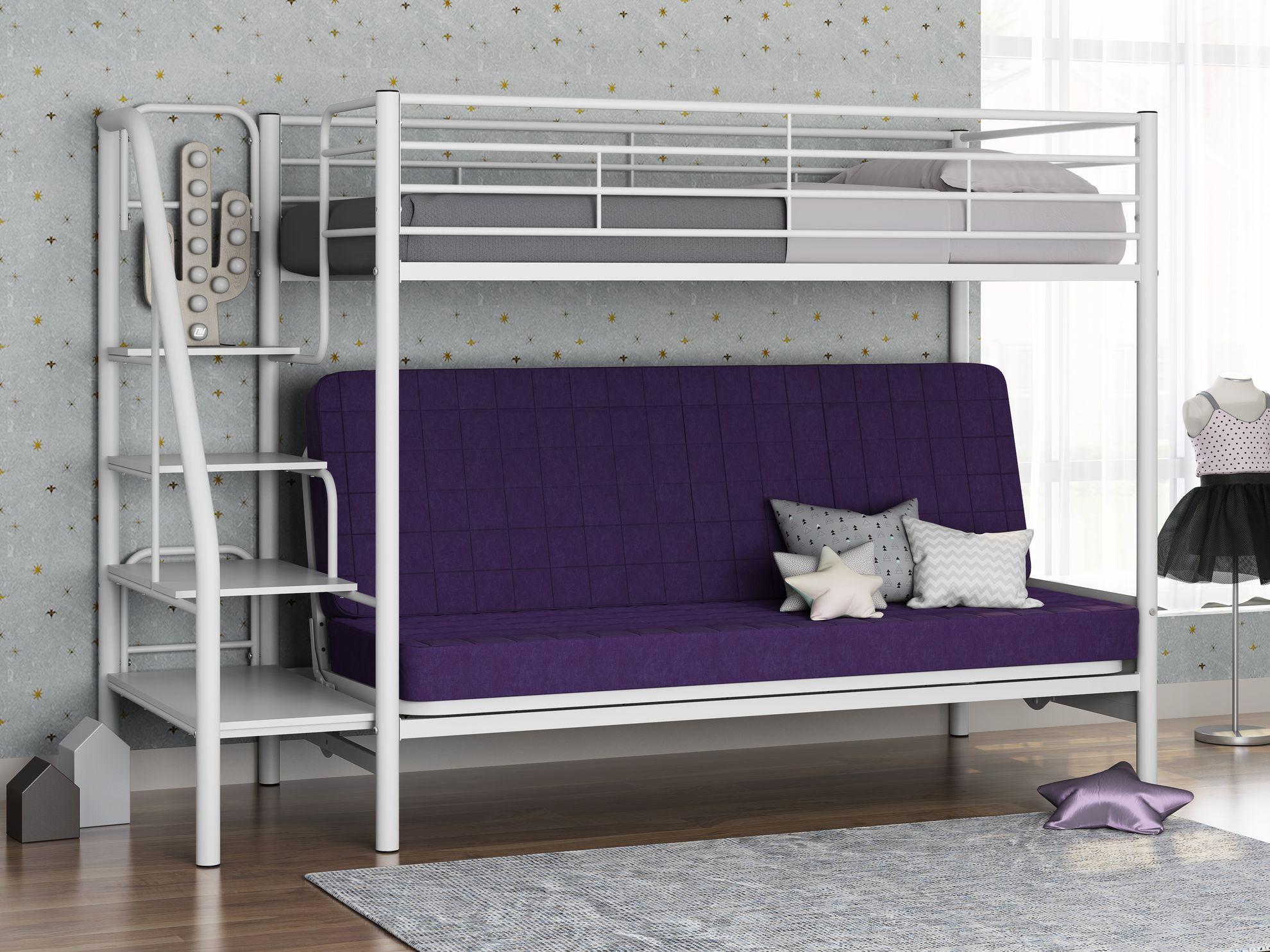 Двухъярусная кровать с диваном Мадлен 3 Белый/обивка Фиолетовый