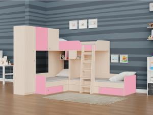 Трехместная двухъярусная кровать Трио 1 Дуб молочный/Розовый