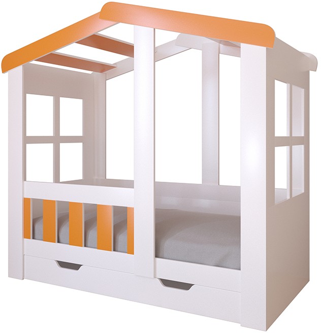 Детская кровать Астра домик с ящиком Белая/Оранжевый