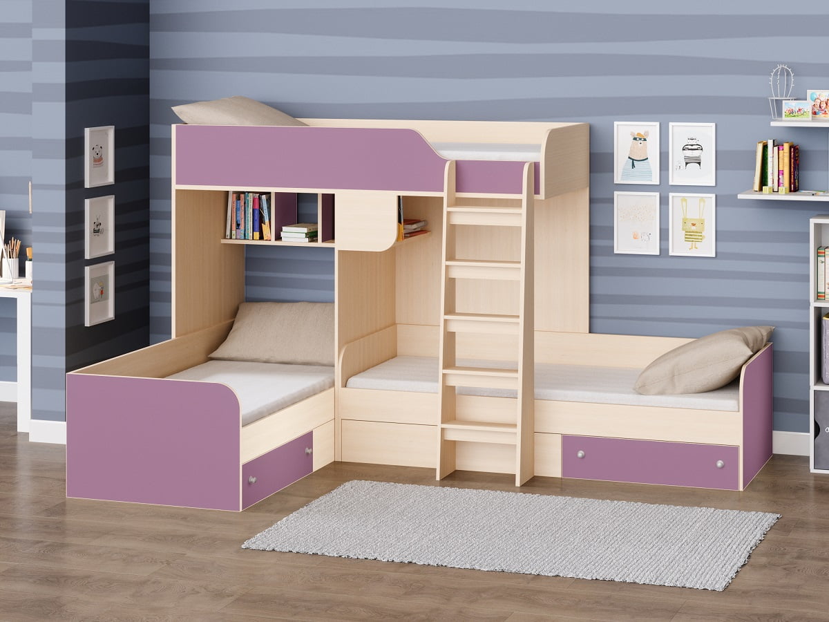 Трехместная двухъярусная кровать Трио Дуб молочный/Фиолетовый