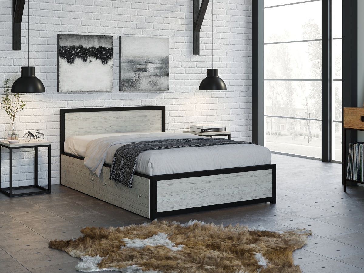 Кровать Титан Лофт 120 с ящиками черный/дуб крафт белый