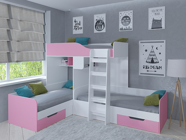 Трехместная двухъярусная кровать Трио Белый/Розовый