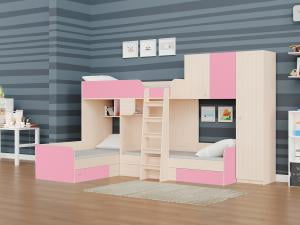 Трехместная двухъярусная кровать Трио 2 Дуб молочный/Розовый