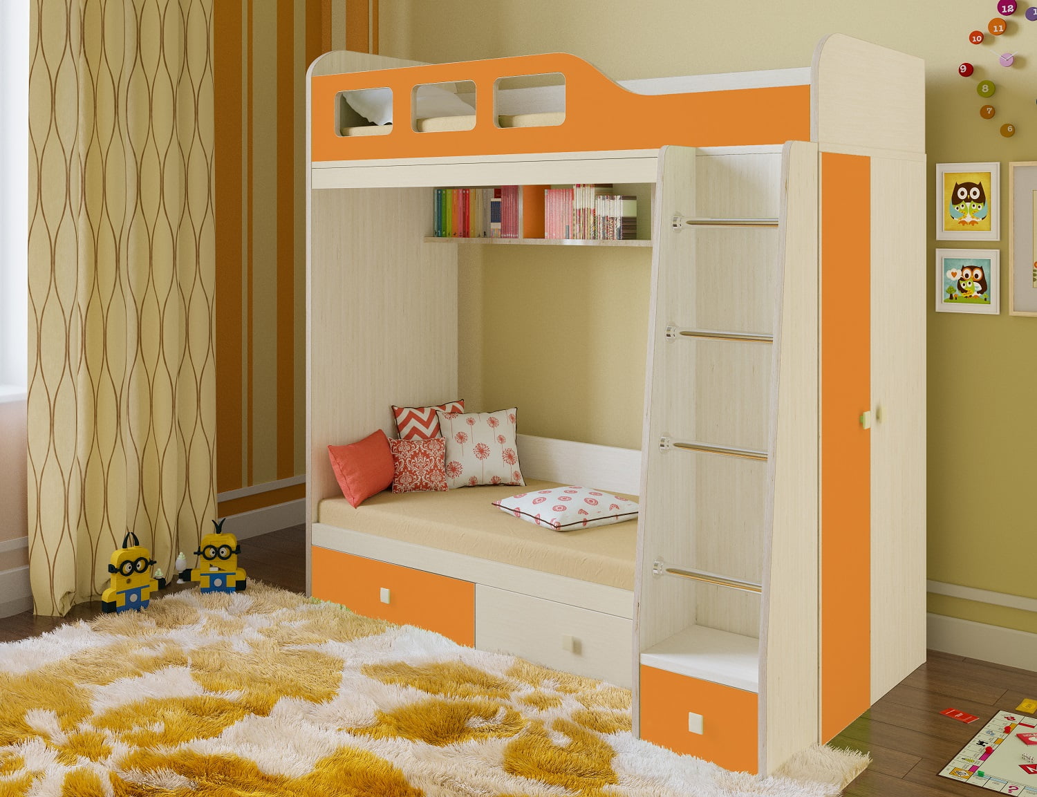 Двухъярусная кровать Астра 3 Дуб молочный/Оранжевый