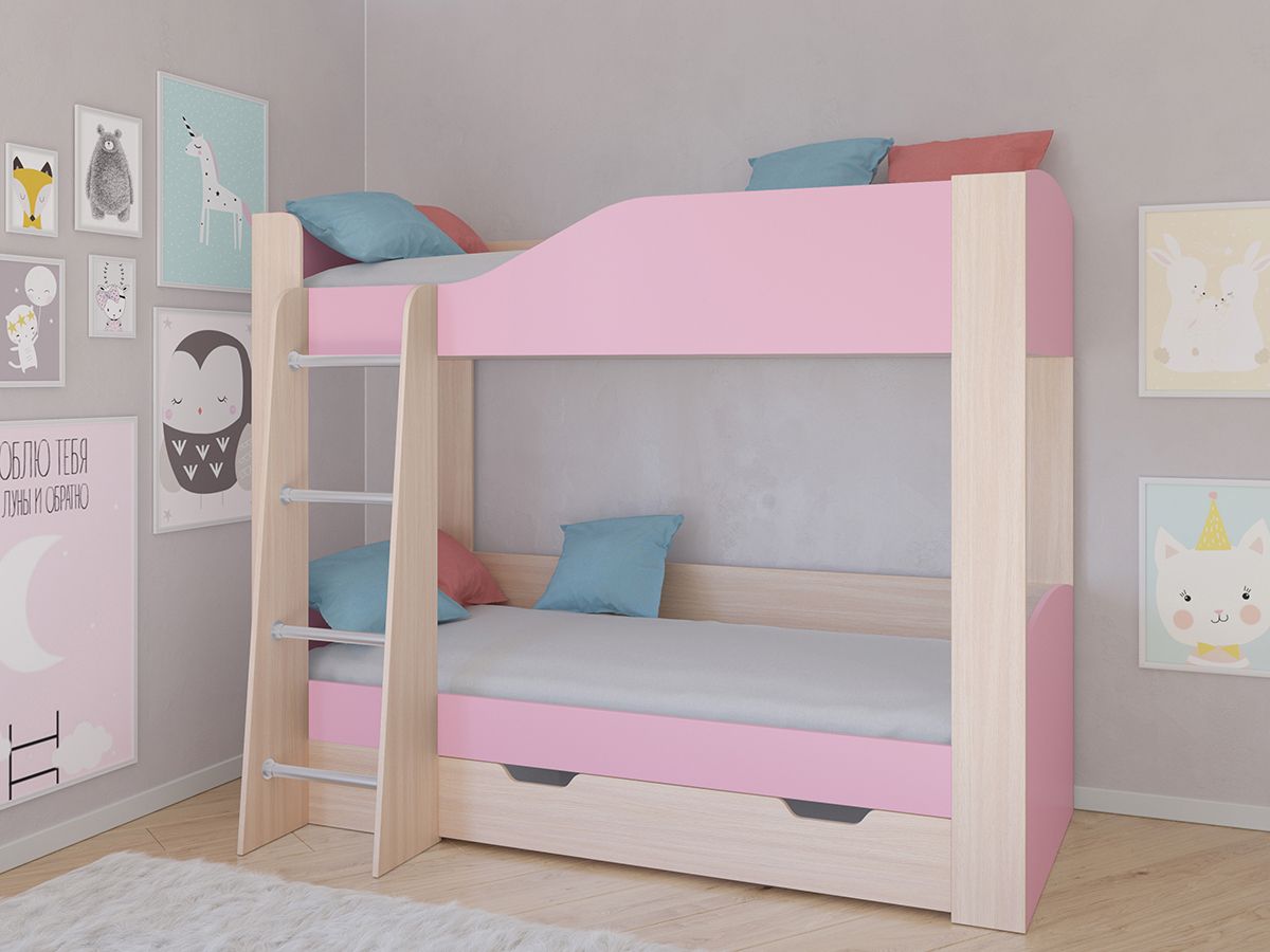 Двухъярусная кровать Астра 2 Дуб молочный/Розовый
