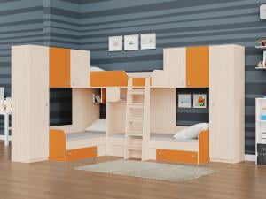 Трехместная двухъярусная кровать Трио 3 Дуб молочный/Оранжевый