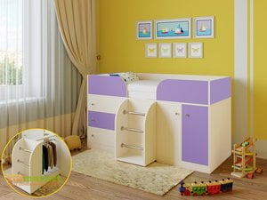 Кровать-чердак Астра 5 Дуб молочный/Фиолетовый