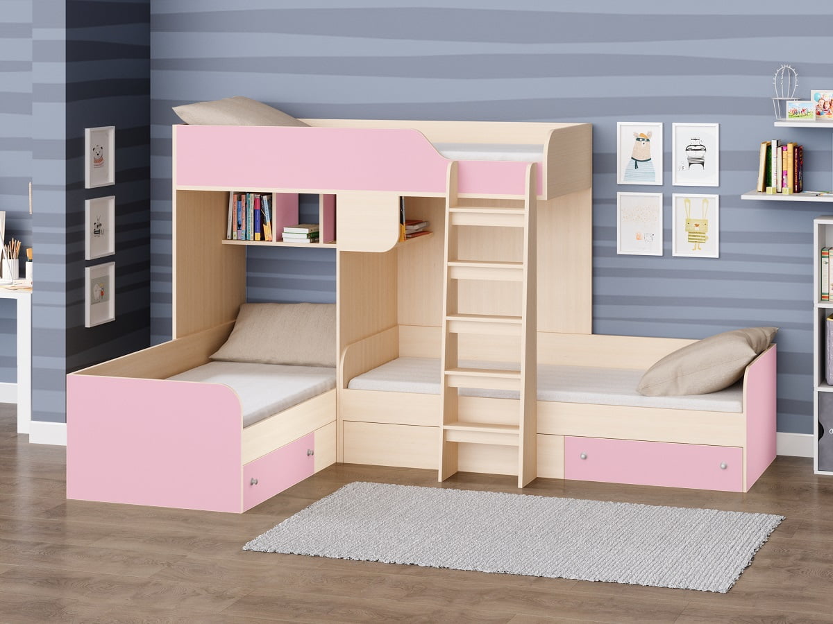Трехместная двухъярусная кровать Трио Дуб молочный/Розовый